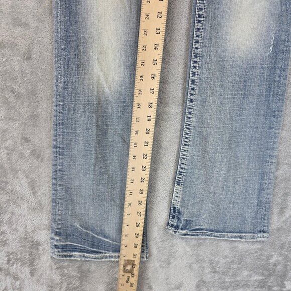 Rerock for Express Jeans Womens 2 Blue Bootcut Stretch Distressed Embroidered - Picture 4 of 12